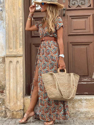 Boho-stil V-ringad blommig klänning