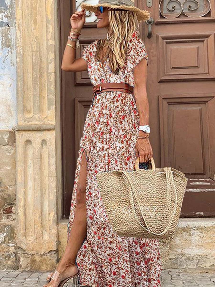 Boho-stil V-ringad blommig klänning