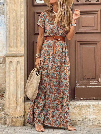 Boho-stil V-ringad blommig klänning