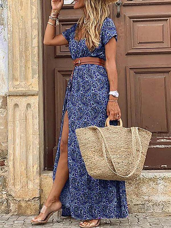 Boho-stil V-ringad blommig klänning